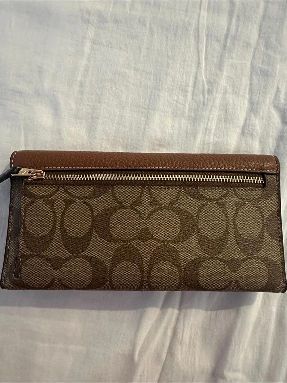 Coach Brown Signature Canvas Wallet with Tan Leather Flap